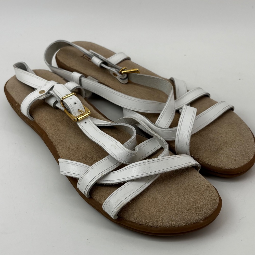 Vtg GH Bass Sunjuns Women White Leather Strappy Gladiator Flat Sandals Size 10M